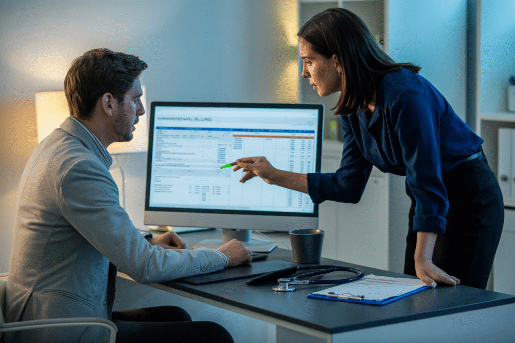 How Medical Billing Services for Small Practices Improve Cash Flow and Patient Care 8 Billing specialist walking a practice owner through a medical billing report on screen