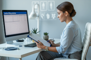 Medical office administrator reviewing a compliance checklist beside a billing software dashboard
