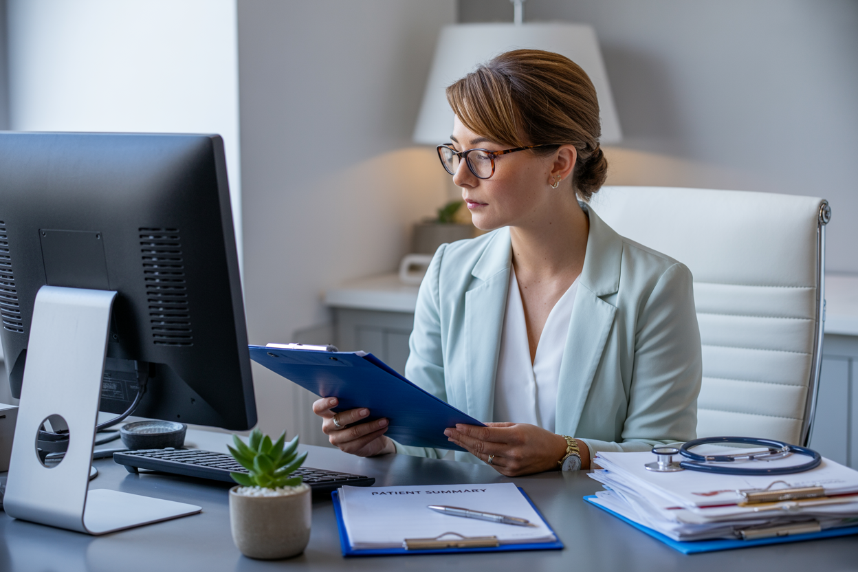 Practice manager reviewing patient summary paperwork at a clinic desk