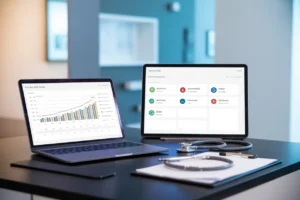 Laptop showing a revenue growth chart beside a tablet listing medical billing software options