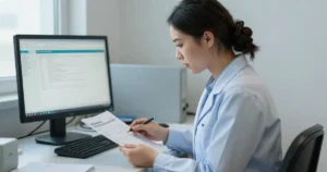 Hospital billing specialist reviewing a printed institutional claim form beside a claims screen