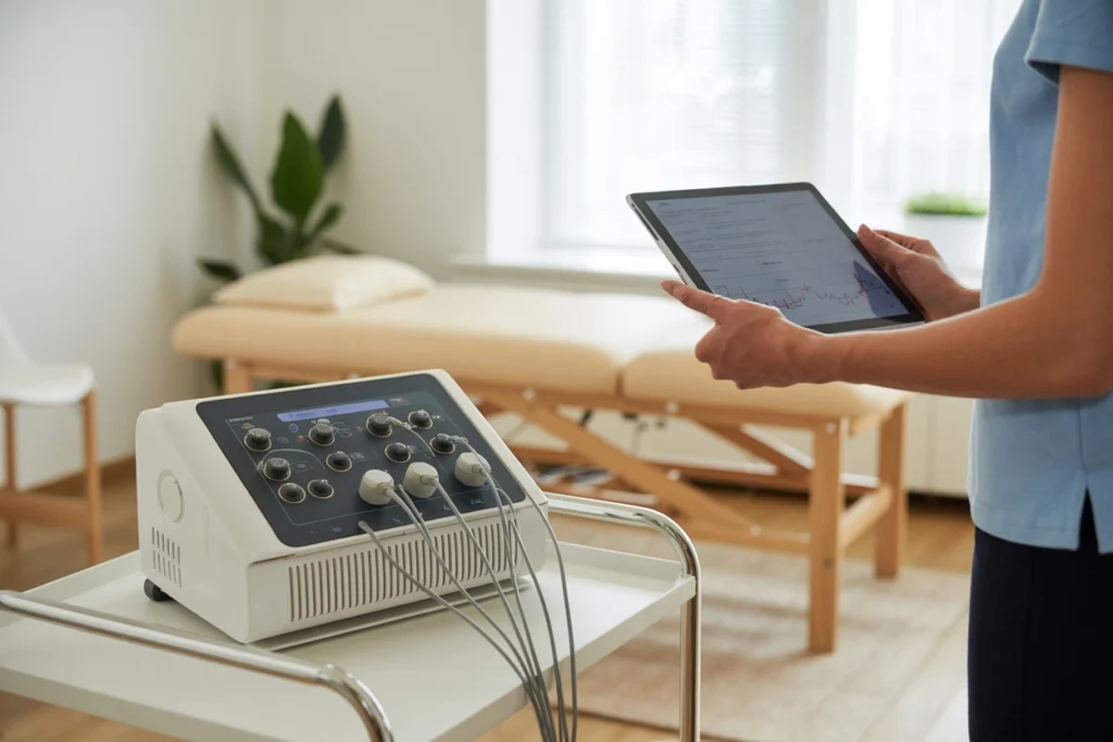 cpt 97014: Physical therapist preparing electrical stimulation modality in clinic.
