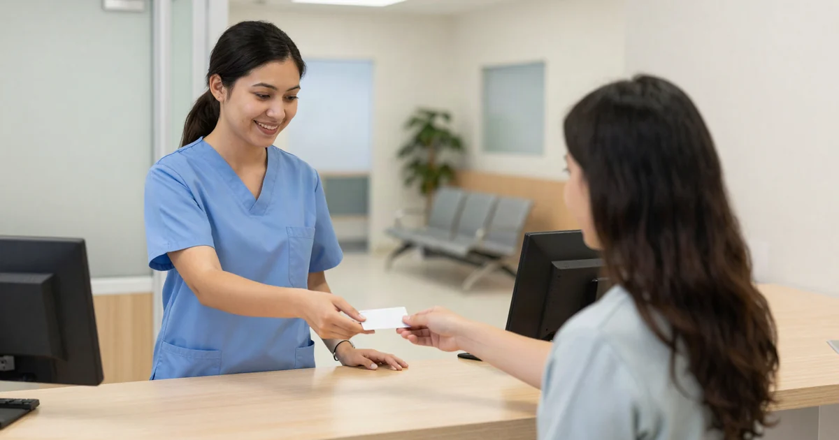 Receptionist at an urgent care clinic front desk handing an insurance card back to a patient during check-in