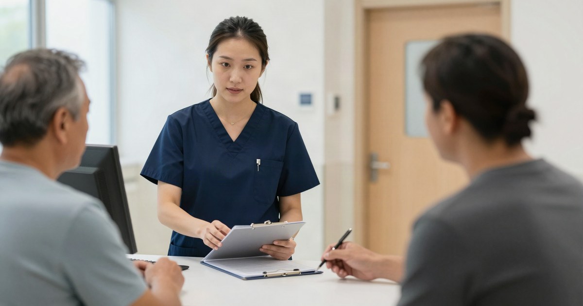 Patient signing paperwork at the check-in desk of a hospital outpatient clinic