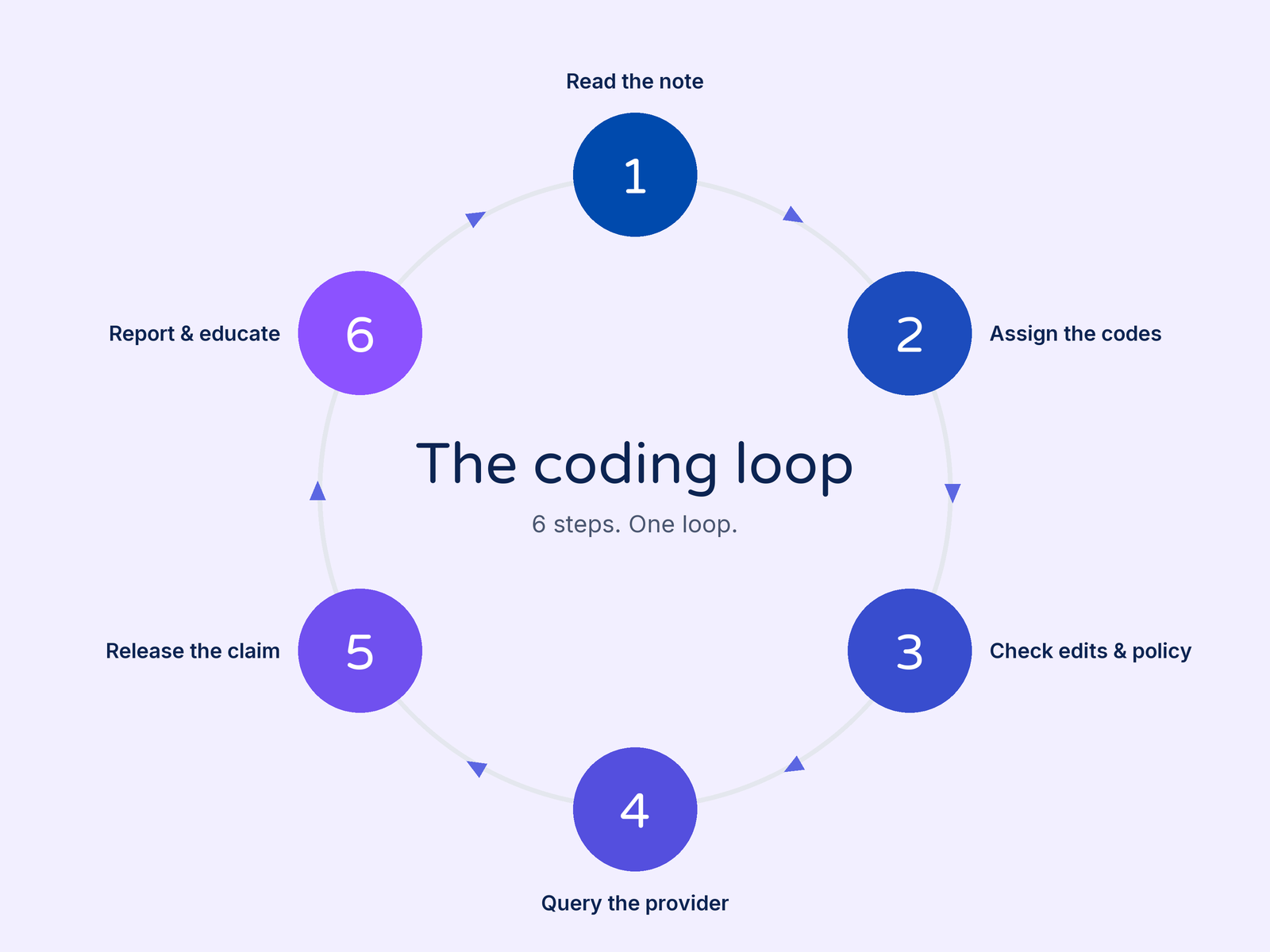 Diagram of the coding loop in six steps: read the note, assign the codes, check edits and policy, query the provider, release the claim, report and educate