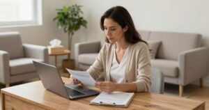 Therapist reviewing insurance billing paperwork at a desk in a private practice therapy office