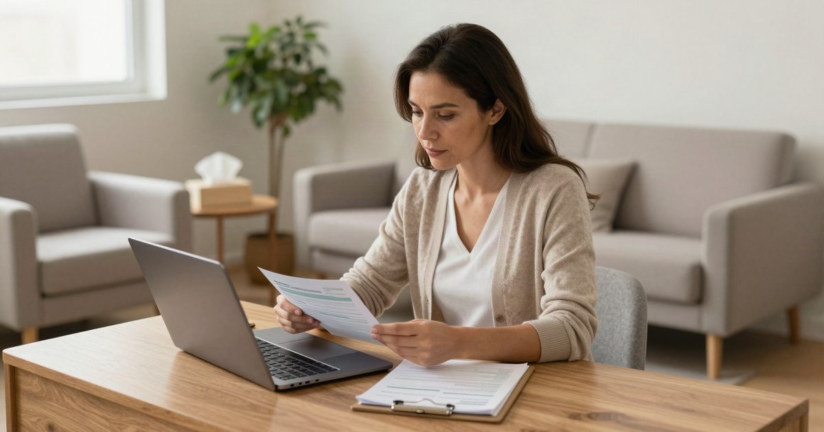 Therapist reviewing insurance billing paperwork at a desk in a private practice therapy office
