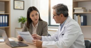 Practice manager and physician reviewing a billing report together at a desk in a medical office