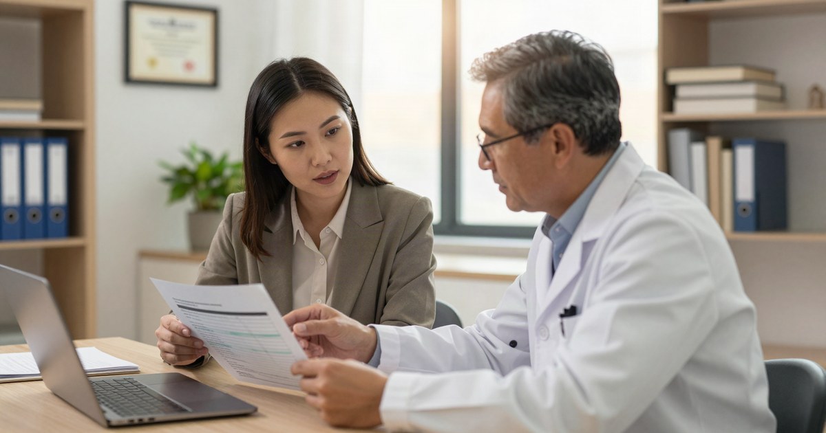Practice manager and physician reviewing a billing report together at a desk in a medical office