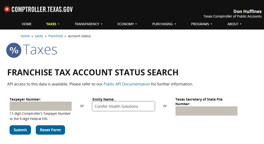 Privately Owned Healthcare RCM Companies in Texas: What Private Really Means 1 The Texas Comptroller's Franchise Tax Account Status search page, with a company name entered in the entity name field