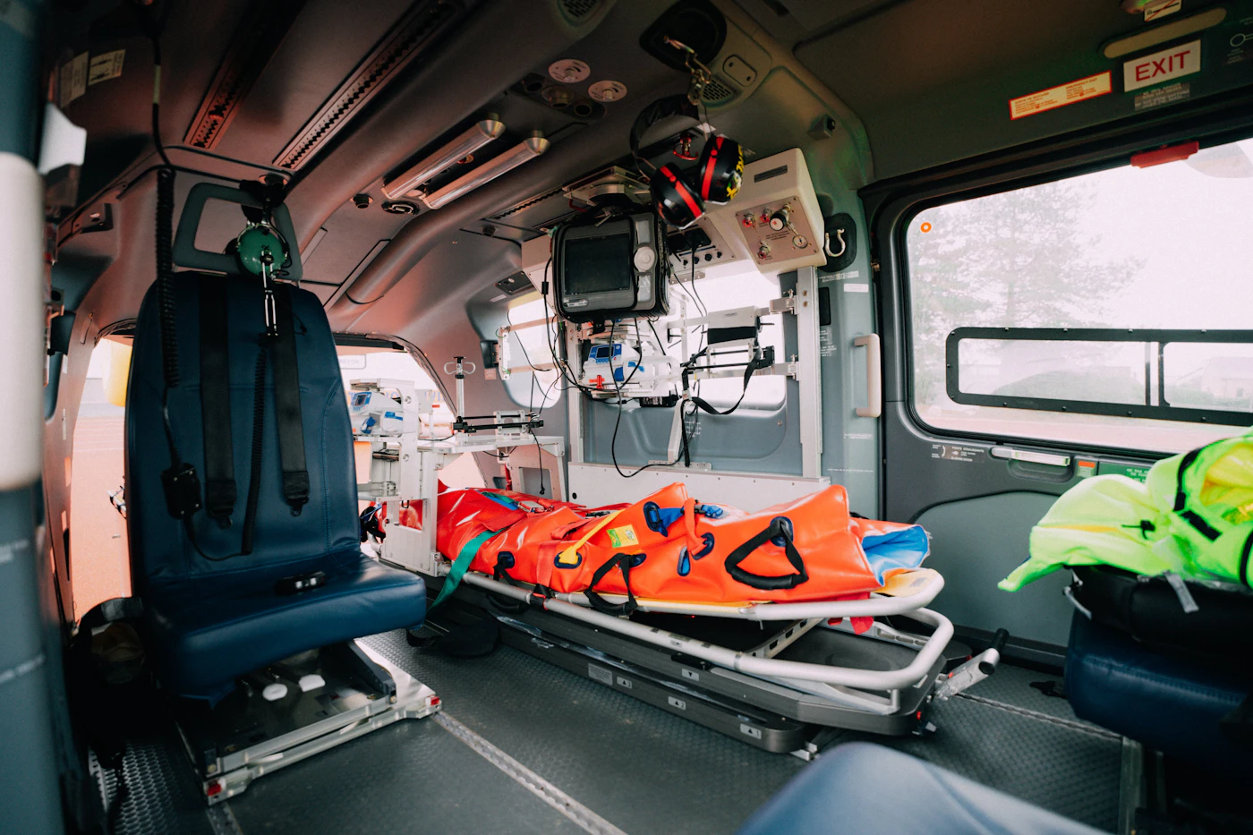 Stretcher and equipment inside the back of an ambulance