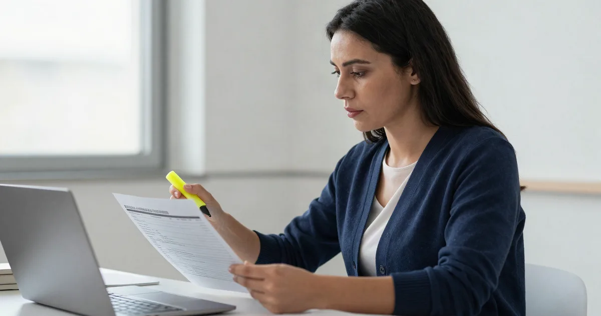 Medical billing specialist in a navy cardigan reviews a printed claim form with a highlighter beside an open laptop in a bright office