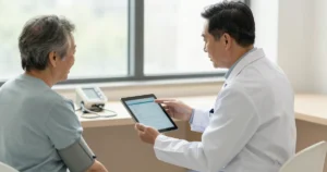 Physician in a white coat showing a care plan on a tablet to an older patient wearing a blood pressure cuff in a bright clinic room