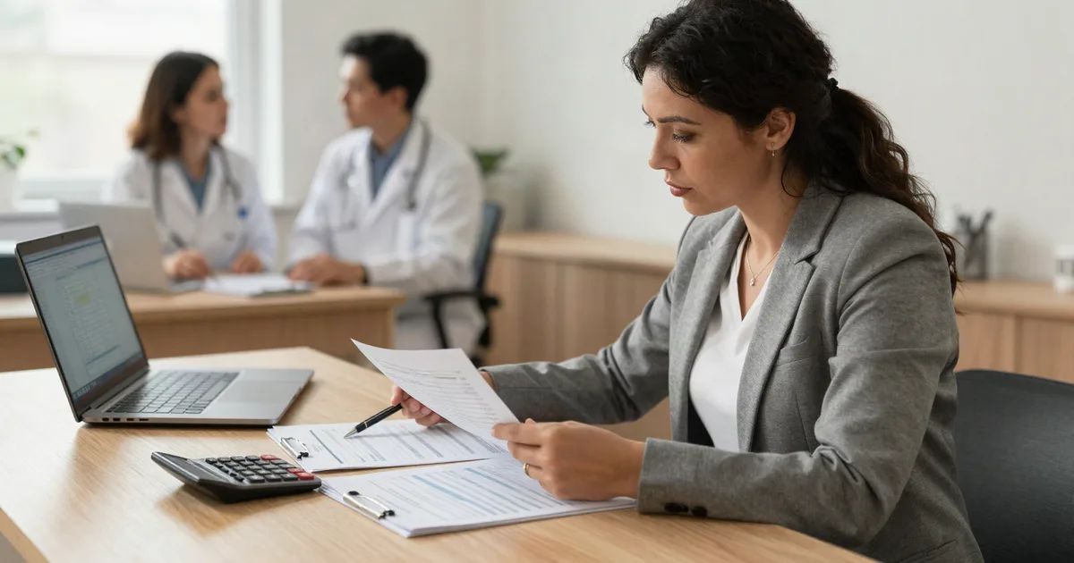 Practice manager in a gray blazer compares two printed budget worksheets with a pen and calculator beside a laptop, while two clinicians talk in the background of a small medical office