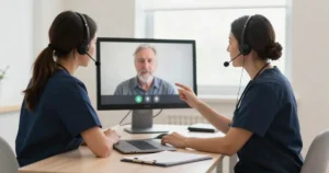 Two clinicians in navy scrubs wearing headsets hold a video visit with an older man shown on a desktop monitor in a bright clinic office