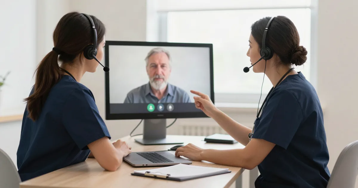 Two clinicians in navy scrubs wearing headsets hold a video visit with an older man shown on a desktop monitor in a bright clinic office