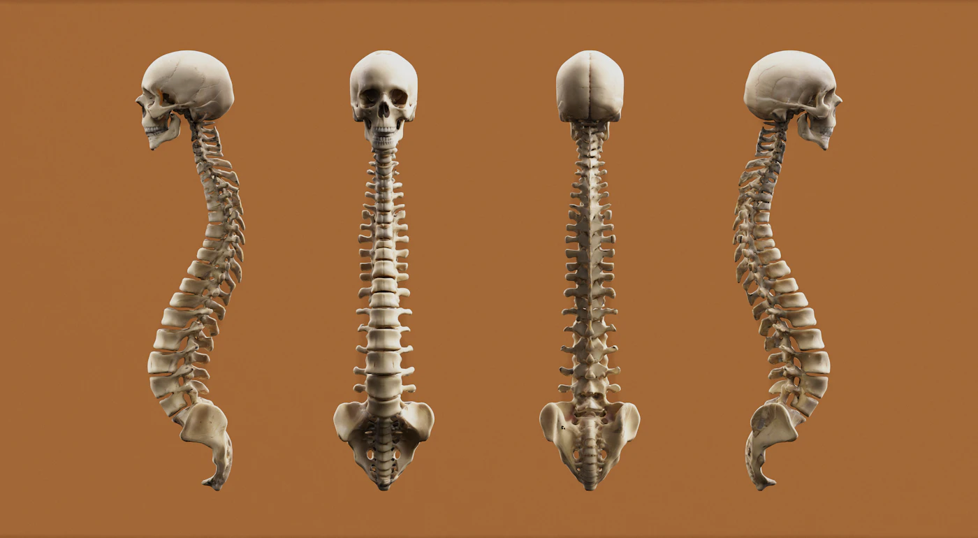 Anatomical model of the human spine shown from four angles