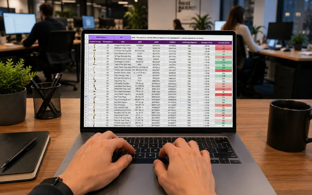 Hands typing on a laptop showing a payment spreadsheet in an office